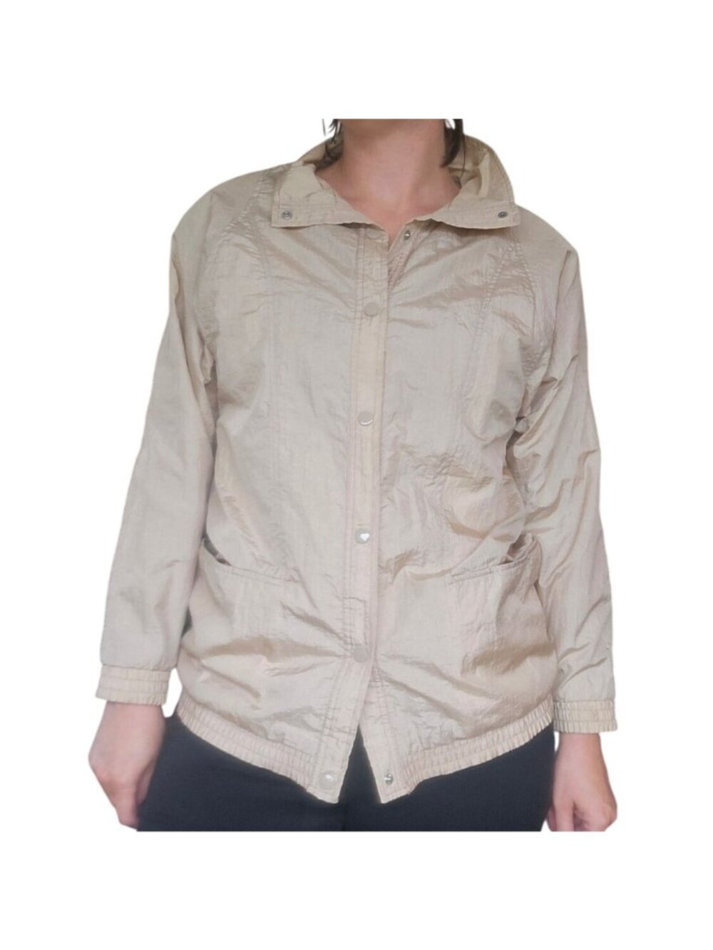 Vintage 80s Tudor Court Beige Windbreaker Jacket Women's Estimated L Rose Patch